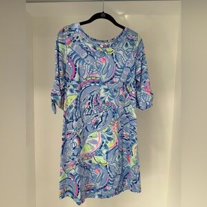 Lilly Pulitzer Lobster Ocean Blue 3/4 Sleeve tie Dress Medium short EUC